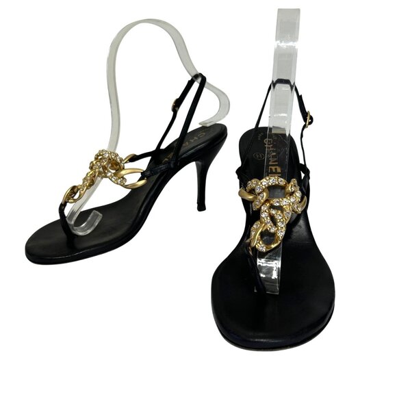 Chanel Sz 36 Black Leather Slingback Heels With Gold Chain Rhinestone Detail - Picture 14 of 14